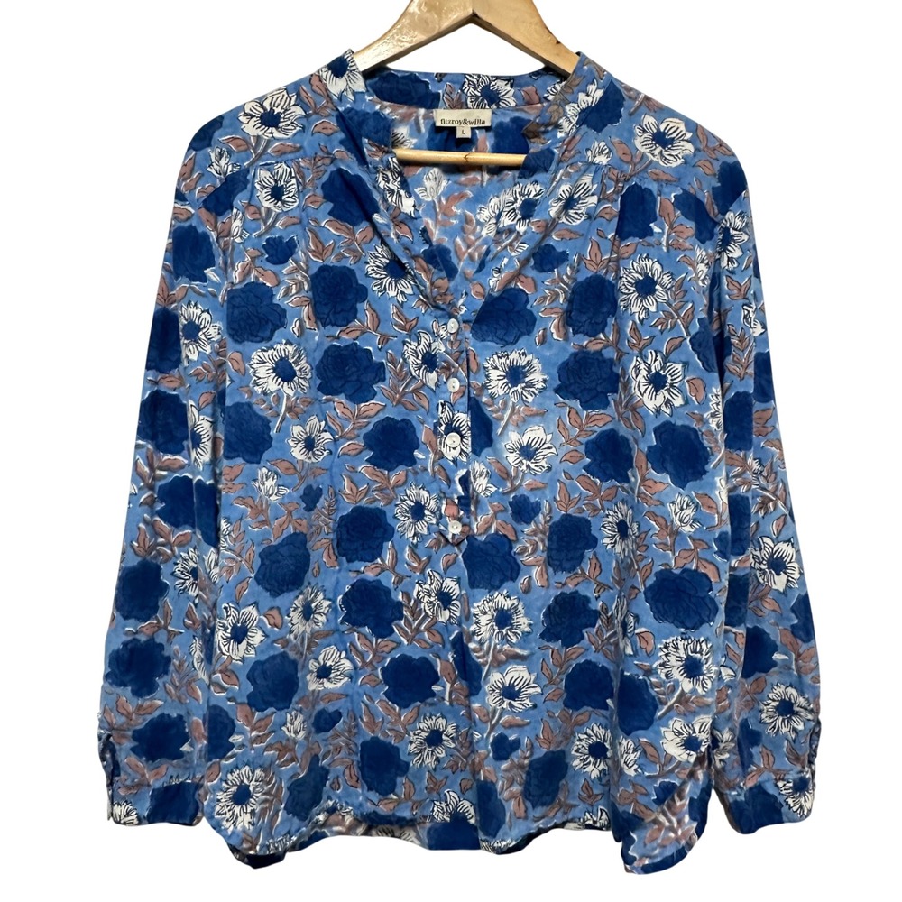 Fitzroy & Willa Blouse Womens Large Blue Floral Cotton Roll Tab Sleeve Henley